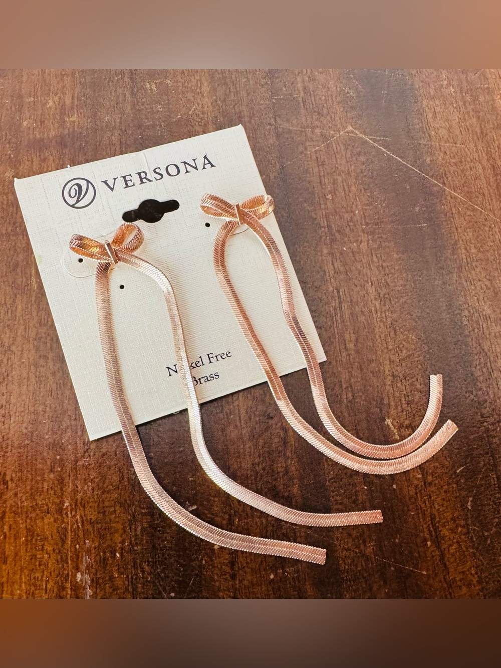 Versona Modern V Rose Gold Bow Ribbon Long Dangle Earrings NWT